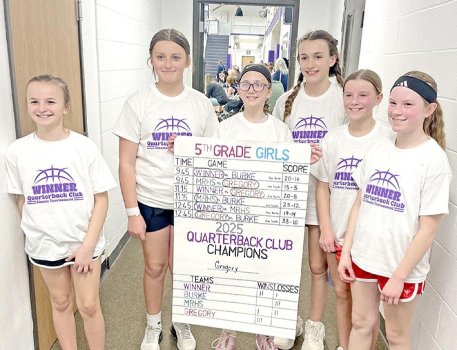 The 5th grade girls won the Quarterback Club tournament on Sunday, March 9, 2025, in Winner, SD. Team members included l to r: Meadow Wonnenberg, Addyson Dufrane, Mayme Reber, Avaya Vomacka, Averie Stukel, and Lydia Wonnenberg.