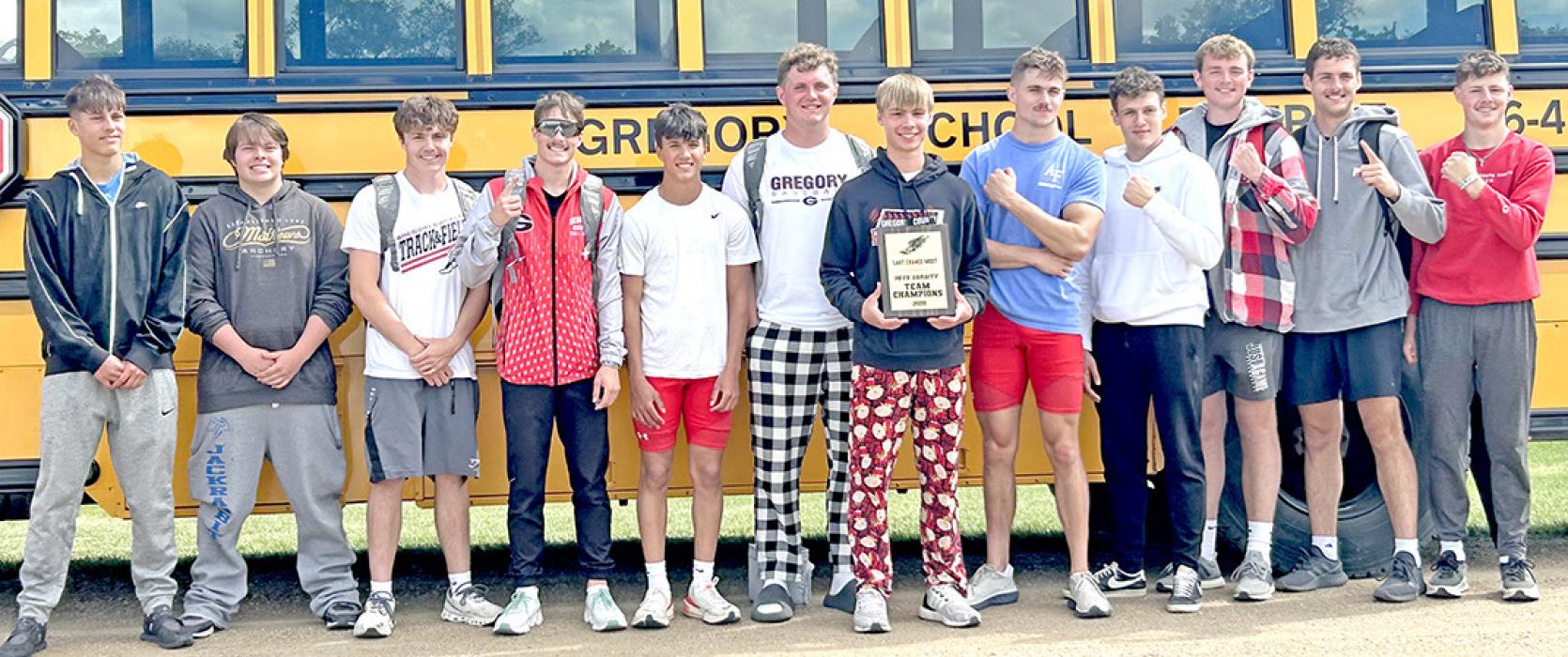 Gregory tracksters Region 5B champions were, l to r: Noah Bearshield, Max Bearshield, Pierce Stukel, Fin Adams, David Biggins, Rane Kenzy, Lincoln Juracek, Max Cook, Jess VanderPol, Jackson Bolander, Cole Serr, and Cruz Klundt. Not pictured: Eli Ekroth, Luke Baretto, Landon Keiser, and Colt Keiser, Ryler Stevicks, Jhett Eklund, Paul Sinclair and Luke Stukel.