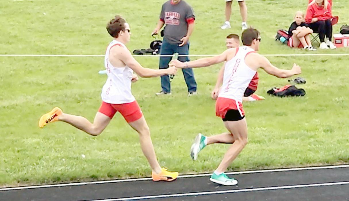 Fin Adams hands off the baton to Pierce Stukel at the Avon Last Chance track meet on Thursday, May 22, 2025. (Submitted photo)