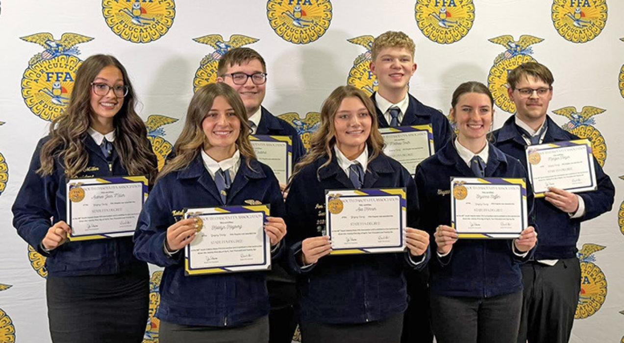 The seven Gregory County FFA members who received a State Degree are, back row, l to r: Aubree Miller, Leo Mosterd, Matthew Smith, and Morgan Tietgen; front row, l to r: Katelyn Hagberg, Ava Kerner, and Shyanna Steffen.