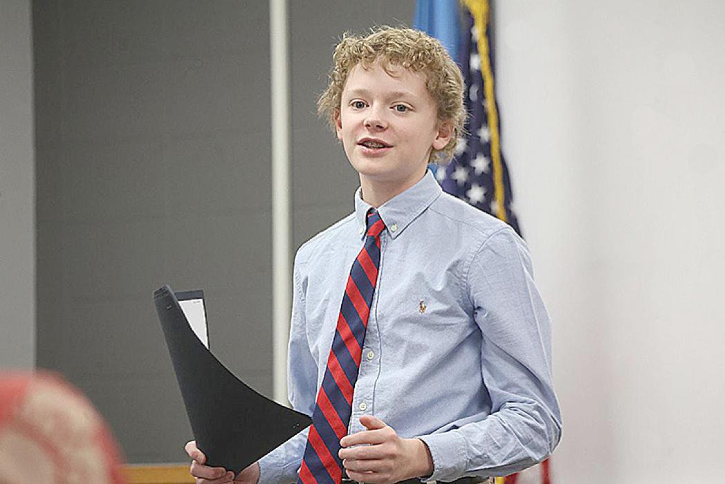 Thor Aanenson, a freshman at Freeman Public, presents “The Good News on Poverty” in the Class B category of Non-Original Oratory Saturday afternoon, Dec. 3. Aanenson received a superior for his presentation of the TED Talk first given by U2 singer Bono in 2013. (Photo by Jeremy Waltner/for SDPB)