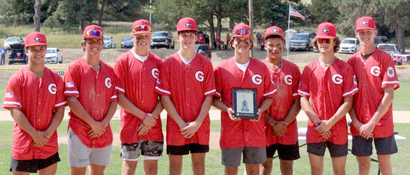 Gregory Legion Post 6’s never give up attitude and spirit of sportsmanship didn’t go unnoticed by the coaches and umpires at the Legion State Class B Sr. Baseball Tournament as they chose to present the Sportsmanship Award to the host team at the end of the tournament. (Photo by Dan Bechtold - Winner Advocate)