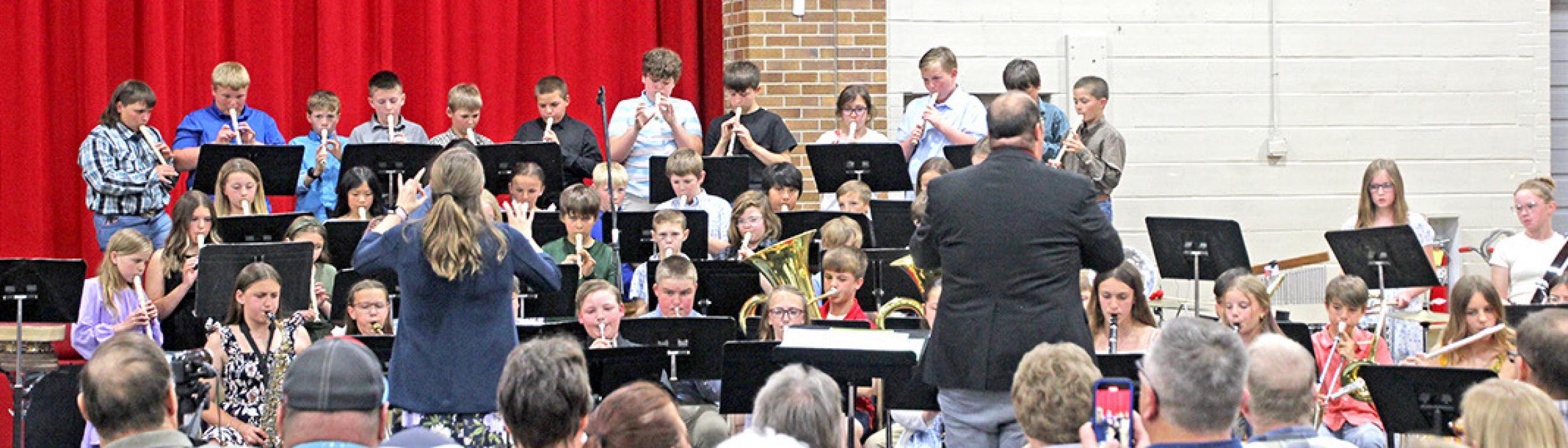 The fifth grade band performed Recorder Rock with several students on recorders at the beginning of the concert. (Photo by Ashley Lozano)
