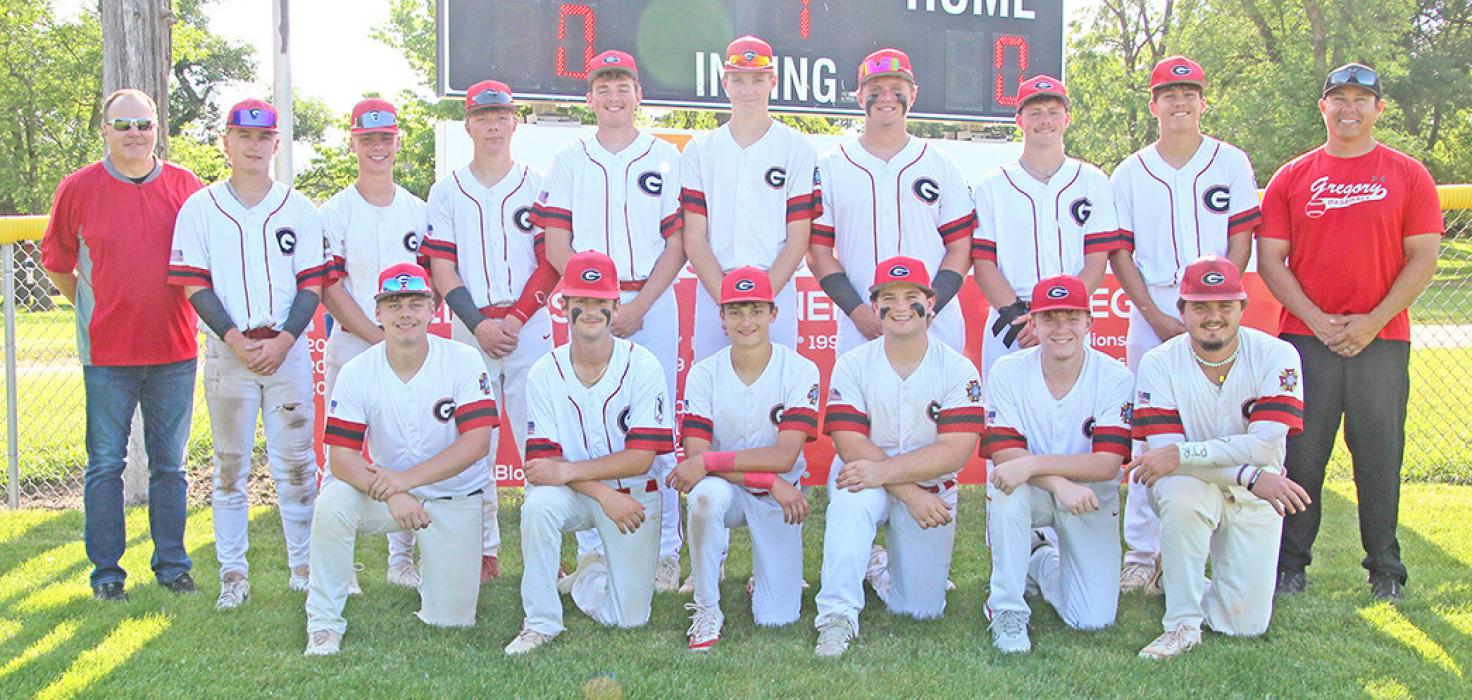 Members of the 2025 Gregory American Legion Post 6 baseball team are, back row: Coach Lonnie Klundt, Jad Leber, Lincoln. Juracek, Landon Keiser, Jckson Bolander, Colt Keiser, Rane Kenzy, Cruz Klundt, Noah Bearshield, and Coach Ben Bearshield; front row, l to r: Dylan Fiebelkorn, Cash Hemming, Aiden Frasch, Hudson Fuhrer, Zach Wheeler, and Jayder Schonebaum.
