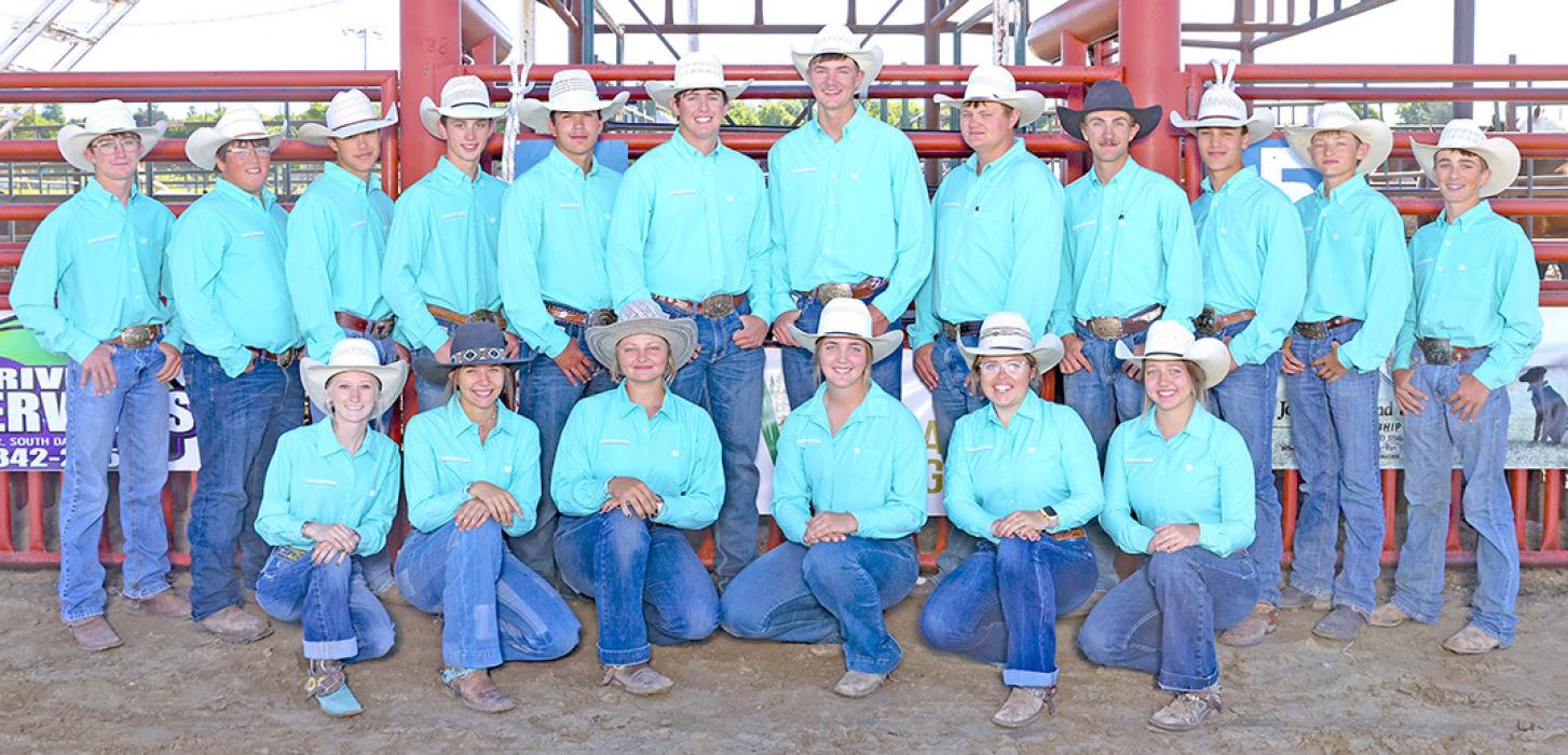 The Tripp County Rodeo Team is pictured back row, l to r: Roper Moore, Oren Sargent, Abe Kaiser, Seth Heath, Jude Sargent, Jack Anderson, Browdy Kocer, Stetson Shelbourn, Garret Phillips, Ash Kaiser, Coy Shelbourn, and Reven Moss. Front row, pictured l to r: Athena Willuwiet, Kyla Mammen, Bailey Shelbourn, Maree Pravecek, Raylynn Dehning, and Westlie Cahoy. (Photo courtesy of Prairie Portraits by Shelley Heath)