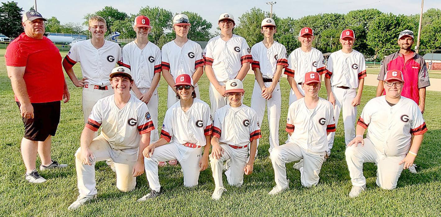 The Gregory Jr. Teeners are back row, l to r: Coach Clinton Fuhrer, Dylan Fiebelkorn, Avery Sengelmann, Landon Keiser, Carter Baumgartner, Elijah Bartling, Mac Zimbelman, Mitch Zimbelman, and Coach Jason Frasch. Front row, l to r: Hudson Fuhrer, David Biggins, Aiden Frasch, Jacob Klein, and Austin Vosika.