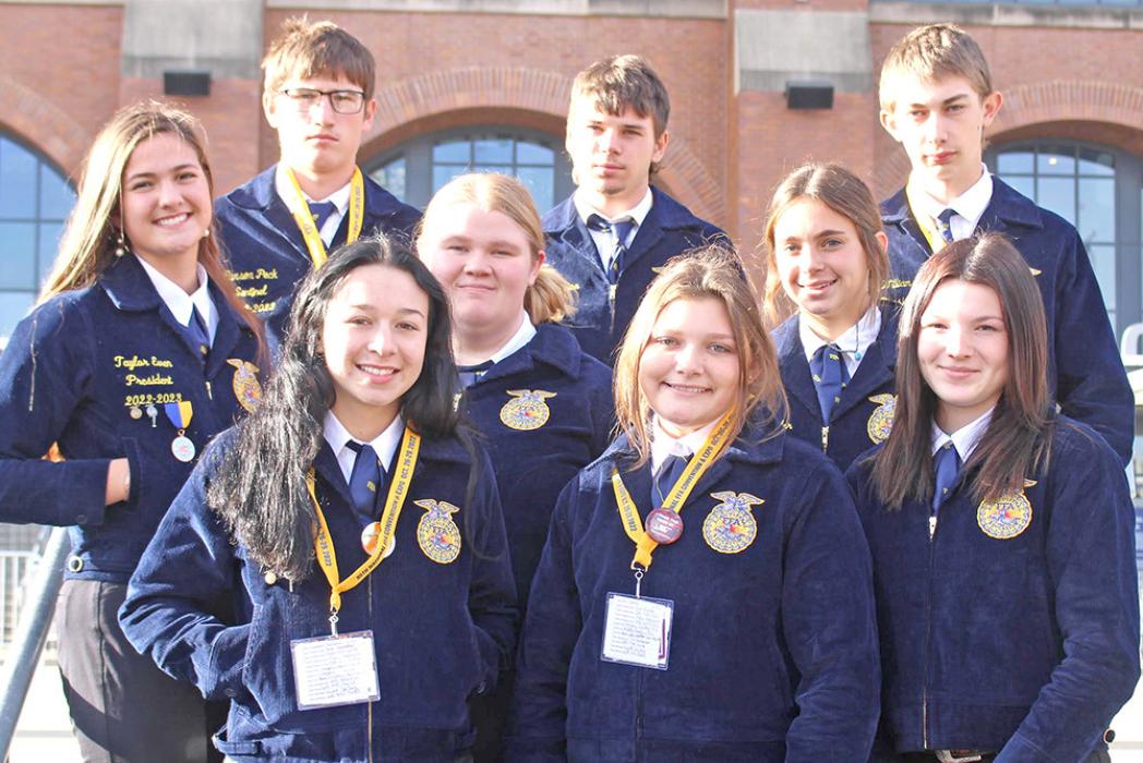 Pictured above are local FFA members who attended the national FFA convention. Back row, l to r: Carson Peck, Ash Simison, and Cody Williams. Middle row: Taylor Even, Dori Bruns, and Avery Zeisler. Front row: Savannah Schrader, Ava Kerner, and Daytona Paris.