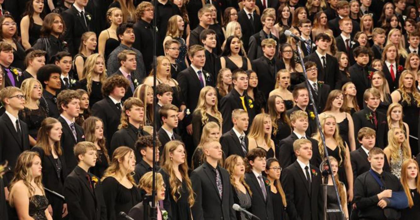 In this photo of the all-state chorus, the Gregory students Katherine Stevicks, Eli Barreto, Jordan Spann, and Christian Spann, shown l to r, can be spotted about halfway down the far right side. (Photo by South Dakota Public Broadcasting)