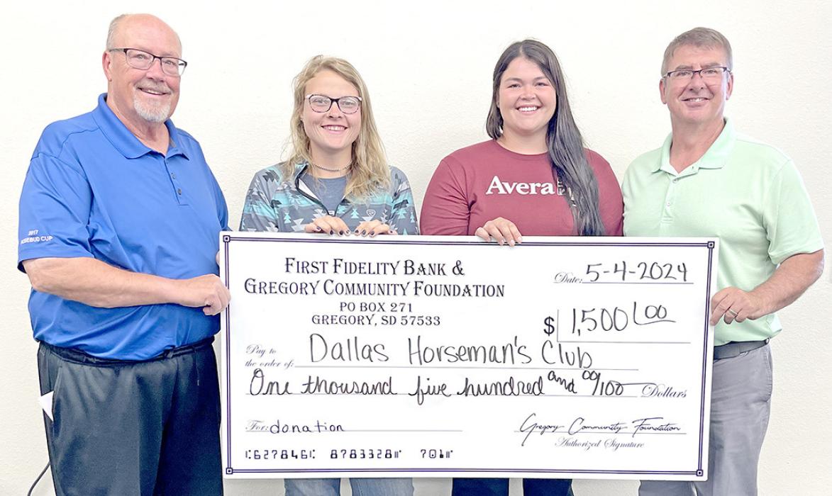 The Dallas Horseman’s Club was recently awarded a $1,500 donation from the First Fidelity Bank &amp; Gregory Community Foundation. The money went toward a multipurpose shed that will be used for storage and registrations among other things. Still in the works are a crows nest and new sign. Shown above are Gregg Drees (far left) and Sam Flakus (far right) presenting the check to Caylee Meinen and Samantha York.