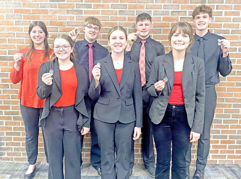 Oral interpretation participants are pictured back row, l to r: Ella Sperl, Bo Brozik, Cruz Klundt, and George Timanus. Front row, l to r: Madi Graber, Dani Timanus, and Piper Bartlett.