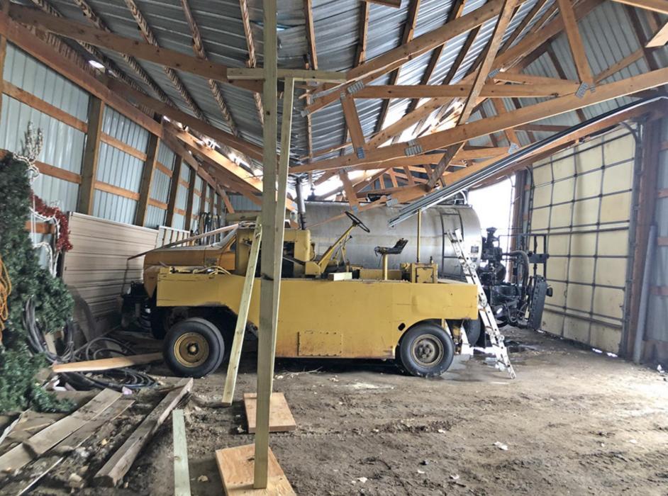 Monday’s heavy, wet snow was the straw that broke the camel’s back at the city shop, where the accumulation on the roof caused a collapse. Fortunately, the equipment was removed without major damage. Public Works Superintendent Alex Hamilton estimated the total snowfall amount to be at least 12 inches.