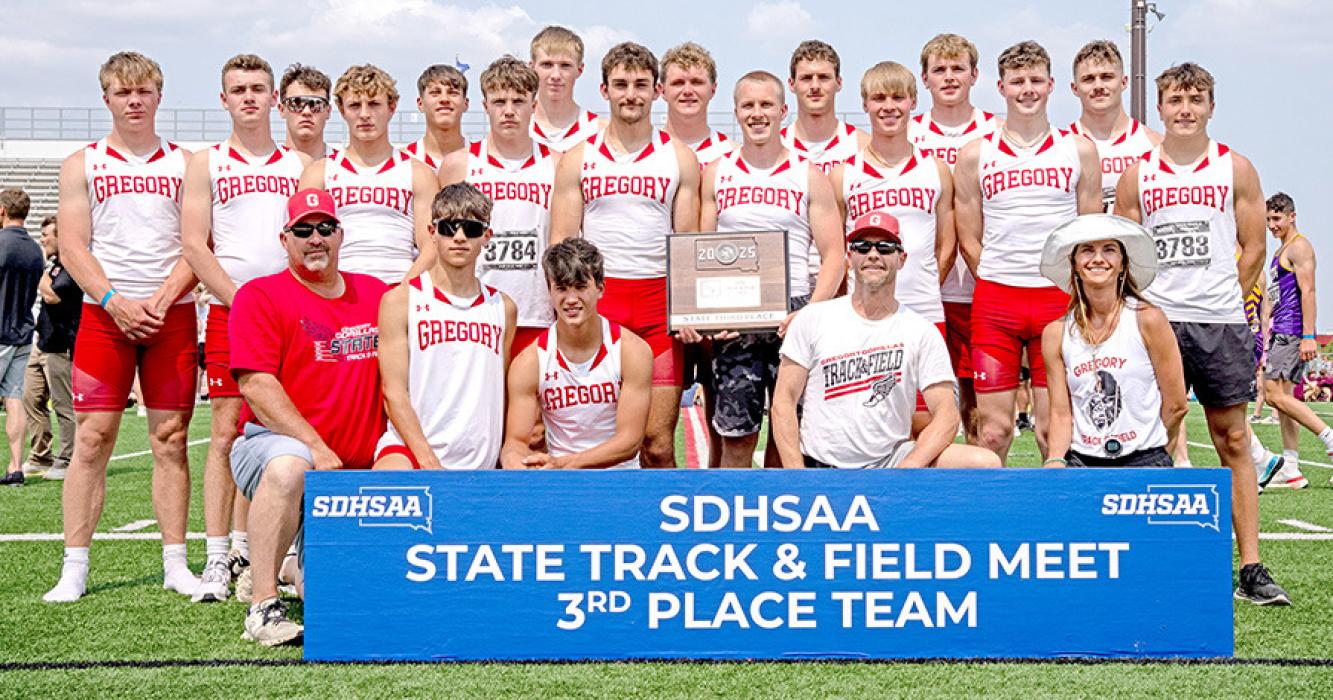 The 2025 Gregory High School boys track team pulled off an impressive third place team finish at the state track meet last weekend. Back row, l to r: Jes VanderPol, Noah Bearshield, Colt Keiser, Rane Kenzy, Cole Serr, Jackson Bolander, and Max Cook; middle row: Landon Keiser, Ryler Stevicks, Eli Ekroth, Pierce Stukel, Jhett Eklund, Paul Sinclair, Lincoln Juracek, Cruz Klundt, and Luke Stukel; front: Asst. Coach Duane Lunne, Luke Barreto, David Biggins, Head Coach Kurt Stukel, and Asst. Coach Katie Biggins.