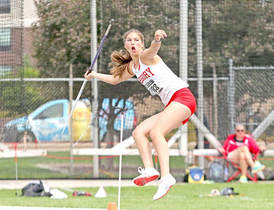 Dani VanDerWerff earned fifth place in the javelin with a personal best throw of 120-03 (Photo courtesy of SDPB)