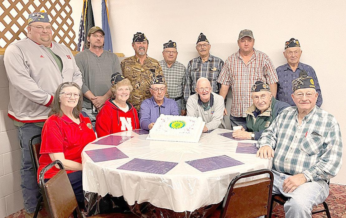 The American Legion Hutchison Post #6 celebrated their 105th birthday at their March meeting. Members in attendance for the event are back row, l to r: Wyatt Reis, Alan Dobson, Greg Smith, Bob Shaffer, Dick Shaffer, Joe Klein, and Dennis Grenoble. Front row, l to r: Darlene Dennison, Sandy Smith, Ron Shattuck, Bob Fenenga, Dennis Miner, and Gerald Gergen.