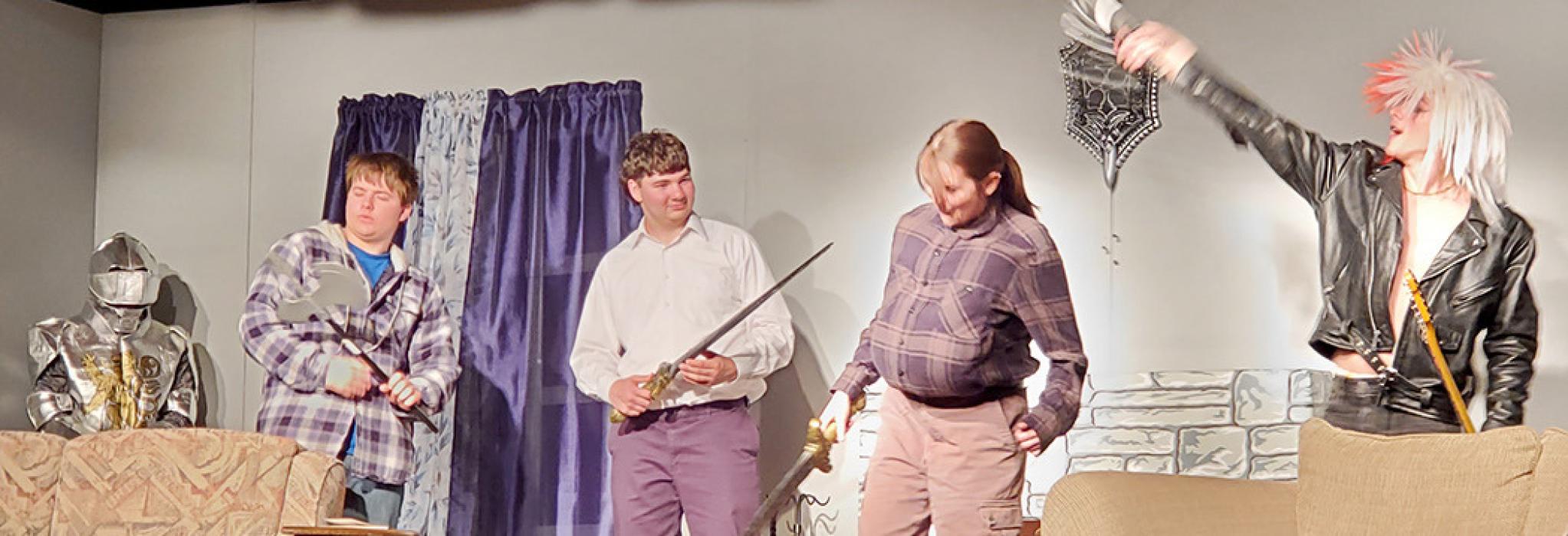 Handyman Herman (Jaden Graber), Professor David Lewis (Jamison VanderPol), Wilma Patterson, the husky bus driver (Piper Bartlett), and Torch, the punk rocker (Eli Fogel), arm themselves with gothic weapons from the walls of the ancient convent to go in search of “The Mary Murderer.” But that suit of armor in the corner looks suspicious.
