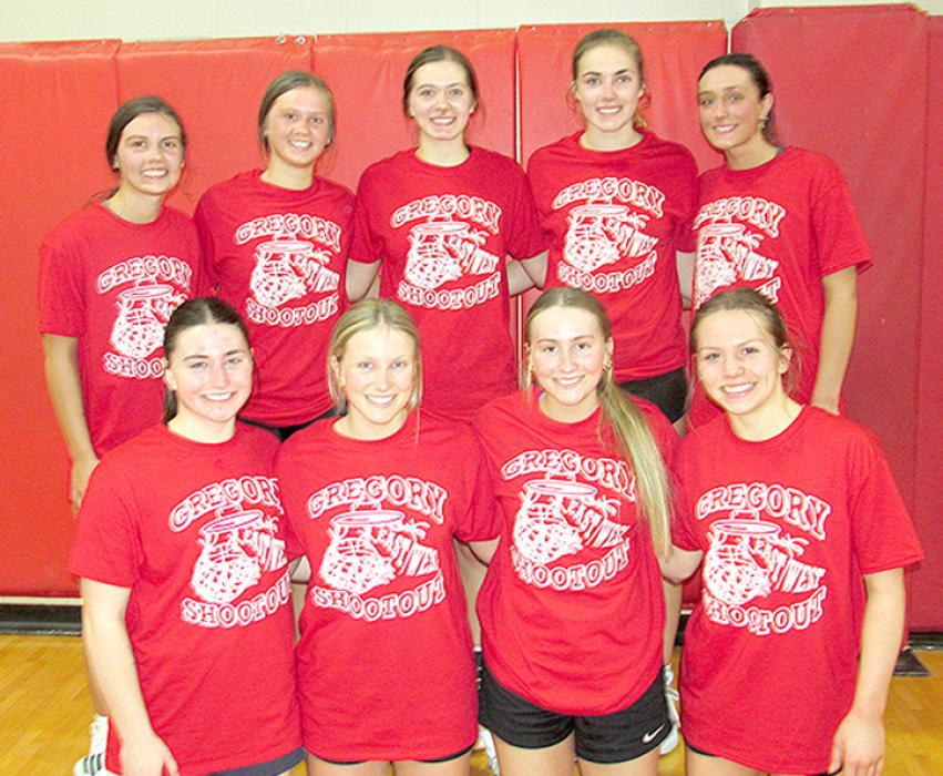 All-Star West team included seniors, back row, l to r: Bridget Bartling (Burke), Jessy Jo VanDerWerff (Gregory), Jadyn Jensen (Jones Co.), Mallory Valburg Jones Co., and Dani Deffenbaugh K/WL. Front row, l to r: Joselin Kludt (Winner), Elly Witt (Burke), Adisyn Indahl (Burke), and Emma Hunt (Jones Co.).