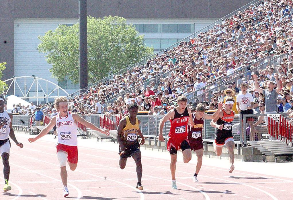 With a questionable hamstring, Kade Stukel crossed the finish line in first place in the 100m sprint. (Photo by Dan Bechtold - Winner Advocate)