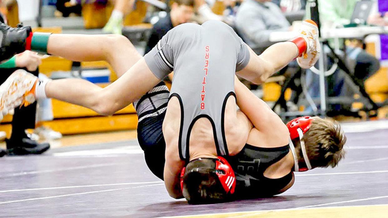 Otto Reber fights hard in his win against Cashton Rausch of Gettysburg at the Winner Tournament. (Photo by Erika Rausch/Potter County News)