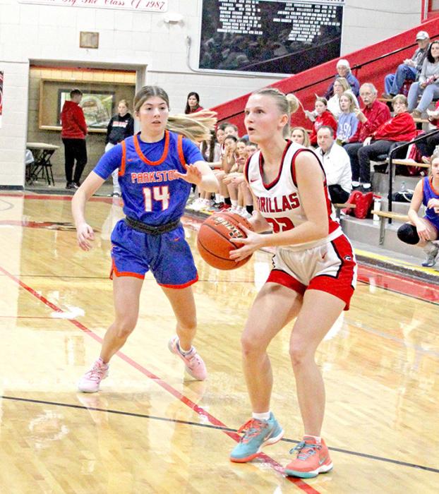 Sadie Carlson tries for two points during the match-up against the Parkston Lady Trojans on Friday, February 7, 2025. (Photo by Madi Graber)