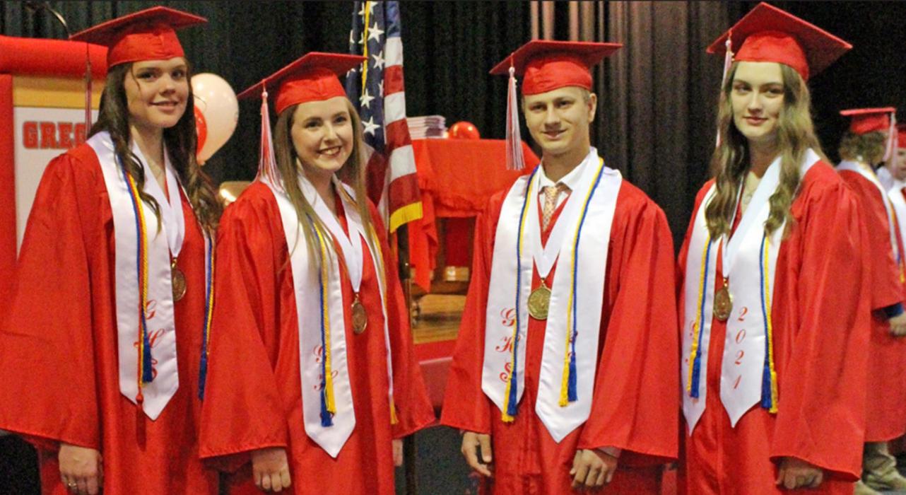 Gregory High School graduation was held on Saturday, May 15, 2021. High honor students were, l to r: Samantha Timanus (highest honor), Keeley Klein, Brady Petterson, and Madison McCarthy. (Photo by Kristi Ring)