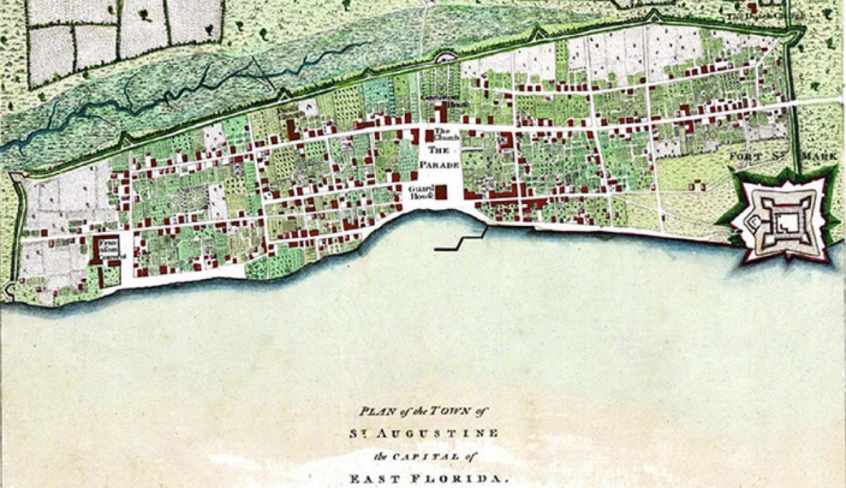 St. Augustine was the first permanent settlement in the United States, established by the Spanish in 1565. This 1777 map shows the city that developed to the west of the original fort, pictured at the bottom right. (Photo from the University of South Florida.)