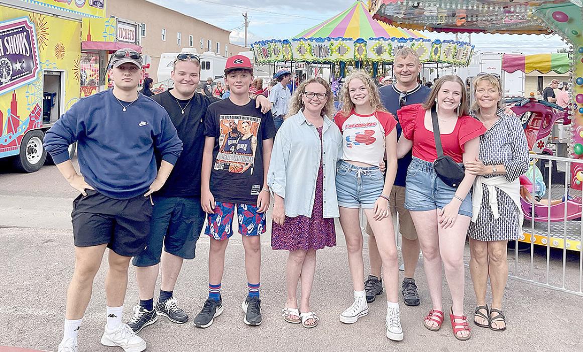 The Miliam family arrived the night of July 3 and jumped right in to Gregory’s July 4th festivities. Shown above, l to r, are Thomas and Christian Miliam, Jacob Klein, Sara Anderson, Kaydence Klein, Palle Miliam, Keeley Klein, and Hanne Miliam. by Patty Connealy