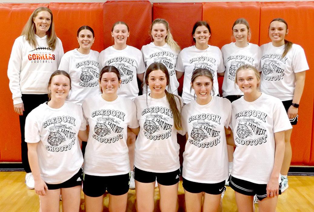 The East team consisted of back row, l to r: Coach Amy Keiser, Harley Namanny (Kimball/White Lake), Cecily Geaghan (Burke), Gracie Oakley (Parkston), Hadley Hanson (Platte/Geddes), Morgan Lewis (North Central), and Macy Koupal (Wagner). Front row, l to r: Adisyn Anderson (North Central), Ryann Nielsen (Kimball/White Lake), Karly VanDerWerff (Platte/Geddes), Kyia Schmidt (Mt. Vernon/ Plankinton), and Megan Reiner (Tripp/Delmont/Armour).