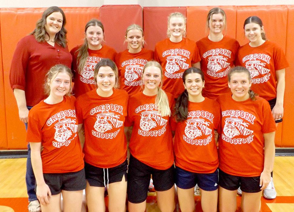 The West team consisted of back row, l to r: Coach Katie Bolander, Jayna Handel (Chamberlain), Kinsey Evans (Chamberlain), Skyler Volmer (Lyman), Kamaria Krogman (White River), and Mattie Duffy (Stanley County). Front row, l to r: Karlee Brozik (Winner), Chaela O’Leary (White River), Cadence Hand (Stanley County), Leila Balsiger (Winner), and Cici Watson (Winner).