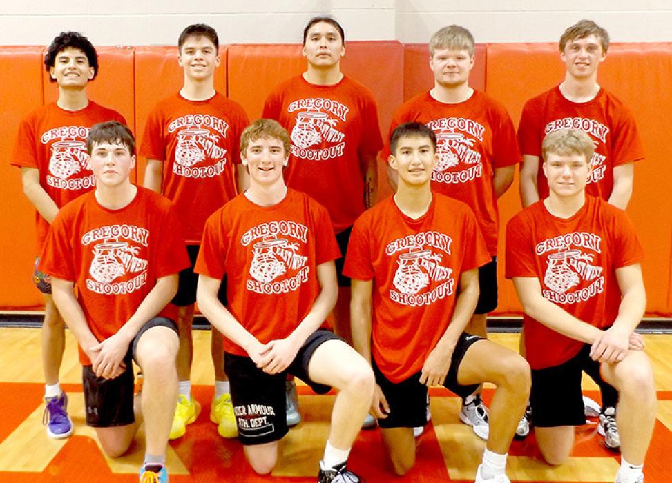 The West team consisted of back row, l to r: Ray Crow (White River), Nicolas Marshall (White River), Drake Espinoza (Todd County), Aiden Barfuss (Winner), and Joseph Laprath (Colome). Front row, l to r: Cooper Fedderson (Jones Co.), Jett Nix (Jones Co.), Evastine Wright (White River), and Dakota Munger (Chamberlain). Jeff Determan was the coach for the West team.
