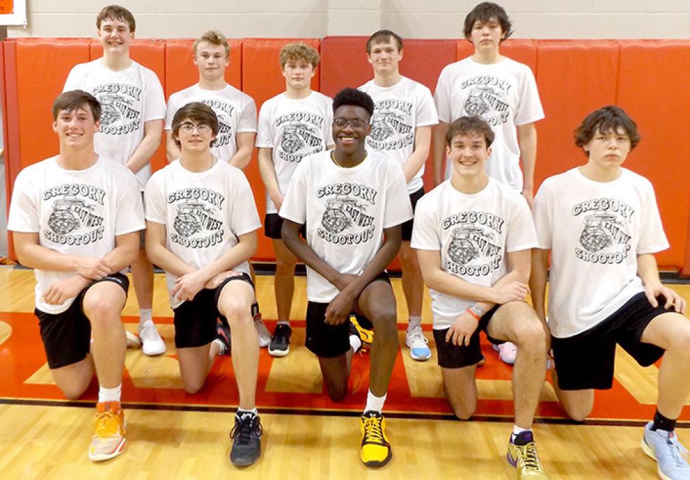 The East team consisted of back row, l to r: Landon Thury (Avon), Chapin Cooper (Bon Homme), Parker Bailey (Platte/Geddes), Mason Reiner (Tripp/Delmont/Armour), and Carter Cournoyer (Wagner). Front row, l to r: Blake Leiferman (Kimball/White Lake), Tanner Dyk (Platte/ Geddes), Daniel Mitchell (Gregory), Reed Benter (Burke), and Joey Cournoyer Jr., (Wagner). Blaine Bolander was the coach for the East team.