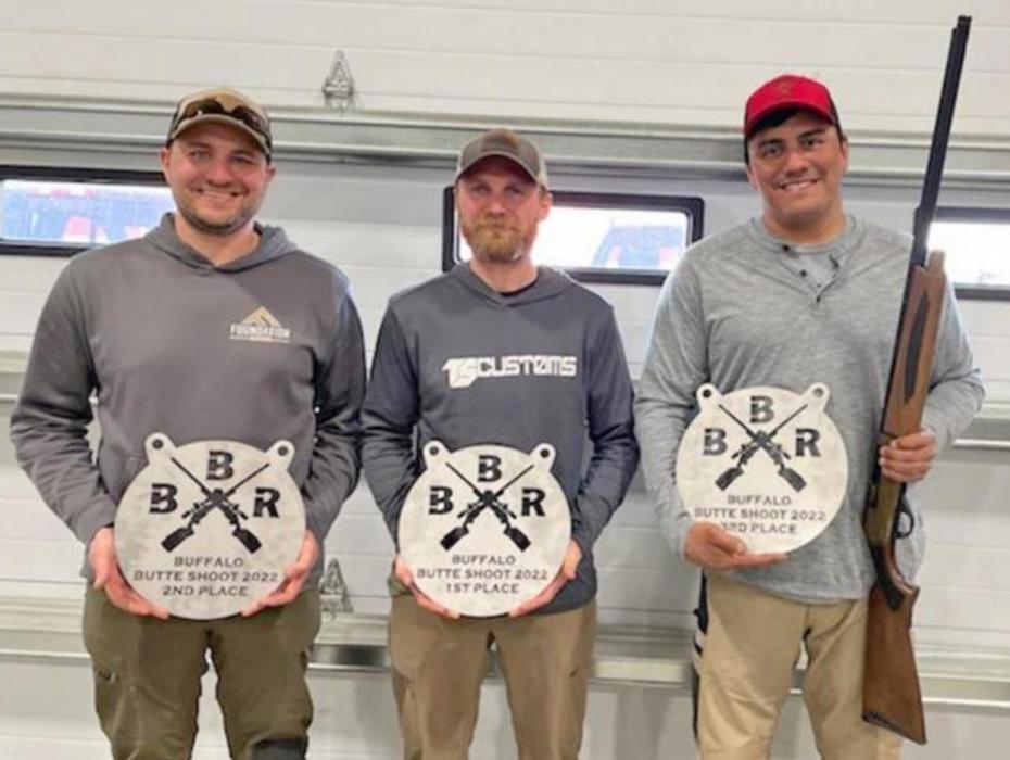 The top three finishers at the Buffalo Buttes Shoot are shown here, l to r: Travis Stevens of Miller - 2nd place, Chris Opfer of Huron - 1st place, and Lonny Lesmeister of Martin - 3rd place.