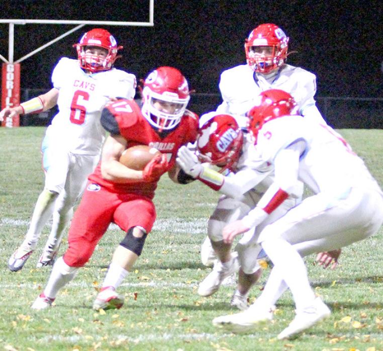 Trey Murray pushes past some Bon Homme defenders on the way to Gregory’s 23-12 win Friday night. The team now sits at #3 heading into Thursday’s playoff game.