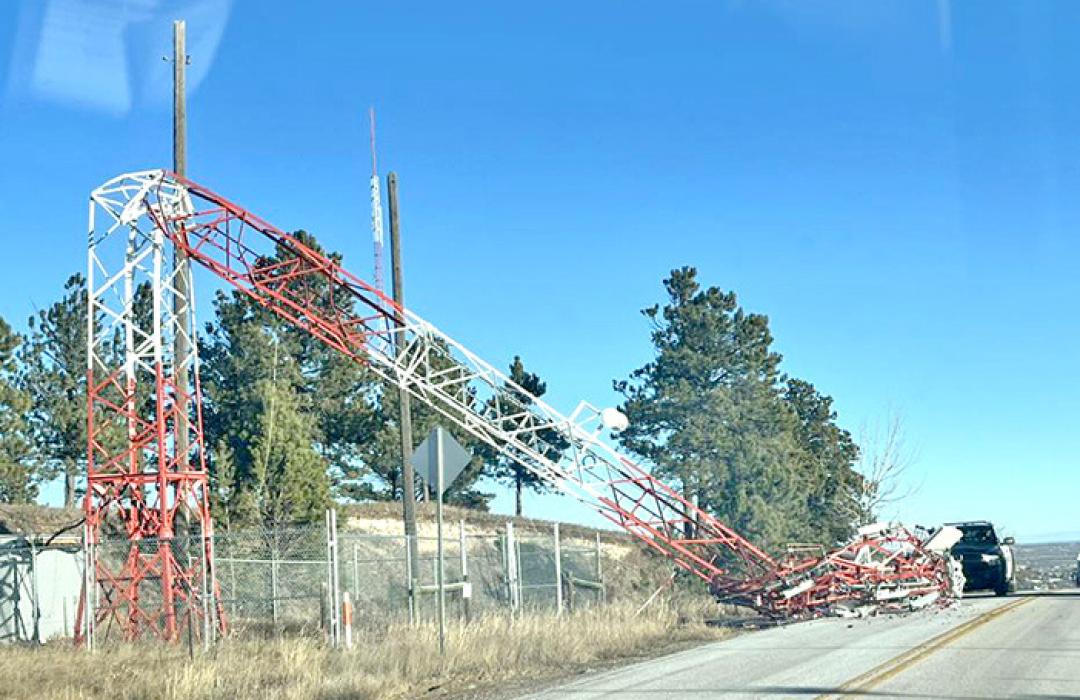 A tower on Skyline Drive in Rapid City was damaged during a mid-December wind storm in 2025. (National Weather Service photo, courtesy of Candyse Arivett)