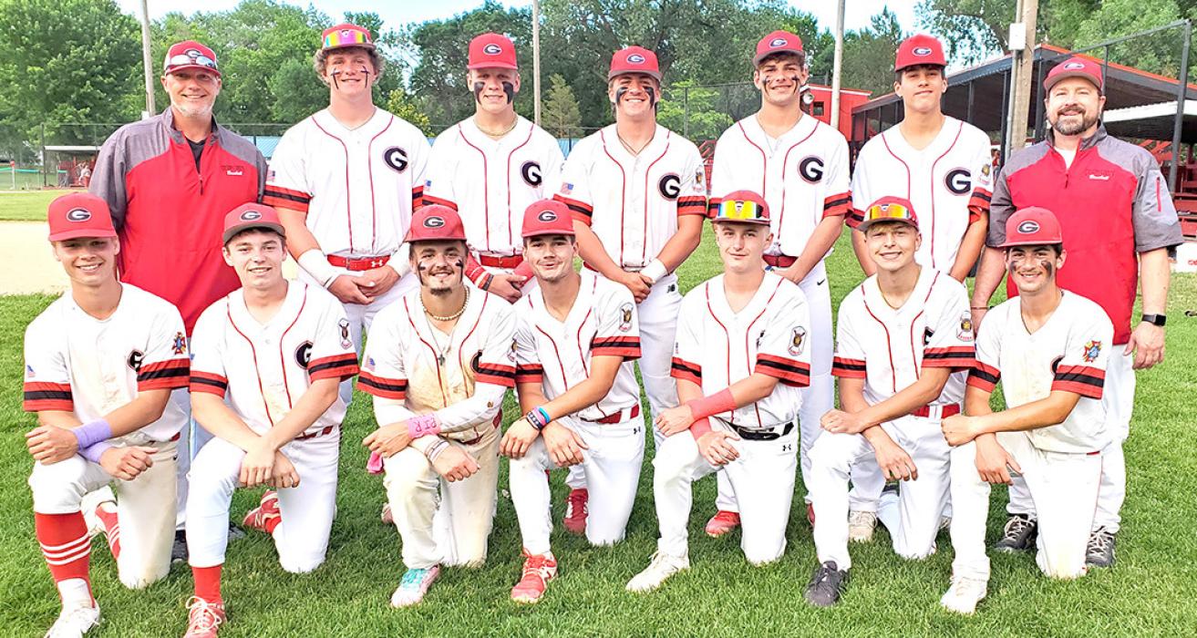 Gregory County 18U Legion posed for their 2024 team photo. Back row, l to r: Coach Neil Hylla,RaneKenzy,KadeBraun,GannonThomas,GentryBartling,NoahBearshield,Coach Andy Thomas. Front row, l to r: Lincoln Juracek, Sawyer Tietgen, Jader Schonebaum, Rylan Peck, Jad Leber, Bryce Bartling, and Cash Hemming.