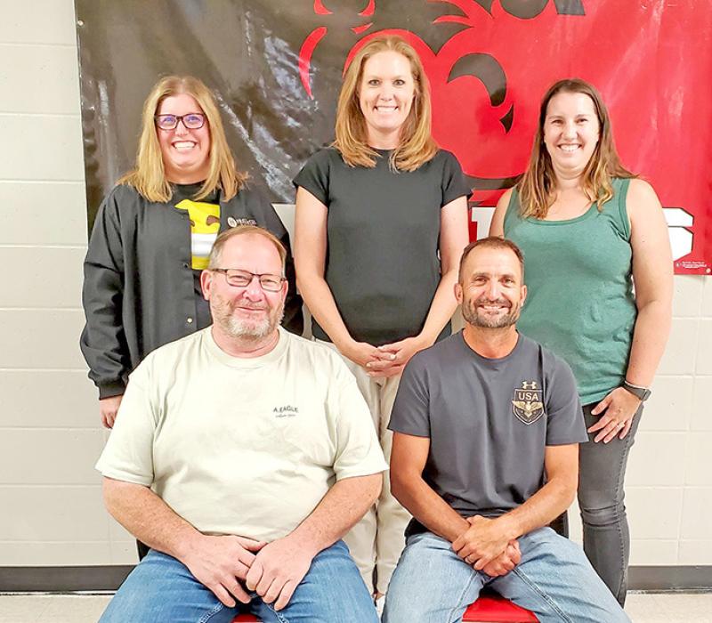 The 2025-26 Gregory School District Board of Education is, back row, l to r: Vice Chair Cara Hull, Amy Keiser, Chair Karen Timanus; front row, l to r: Todd Schweigert and Jason Frasch.
