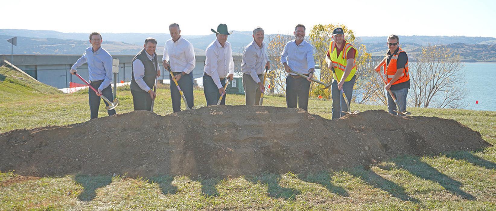 Several dignitaries were present for the ground-breaking for the new Platte-Winner Bridge. From left, they are U.S. Representative Dusty Johnson, U.S. Senator John Thune, U.S. Senator Mike Rounds, Governor Larry Rhoden, South Dakota Department of Transportation (SDDOT) Secretary Joel Jundt, and FHWA Administrator, Sean McMaster. (Photos from DOT Analytics)