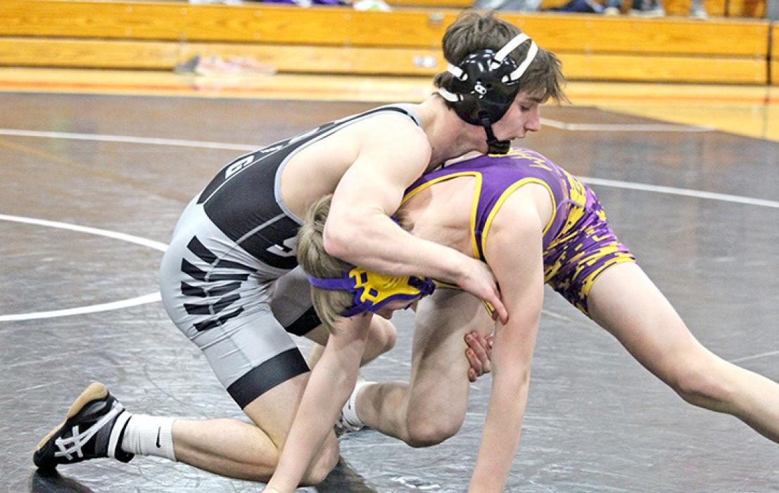 Owen Hansen added two more wins to his undefeated record this year, pinning both opponents at the Burke/Gregory triangular on Tuesday. (Photo by Gracie Stephens)