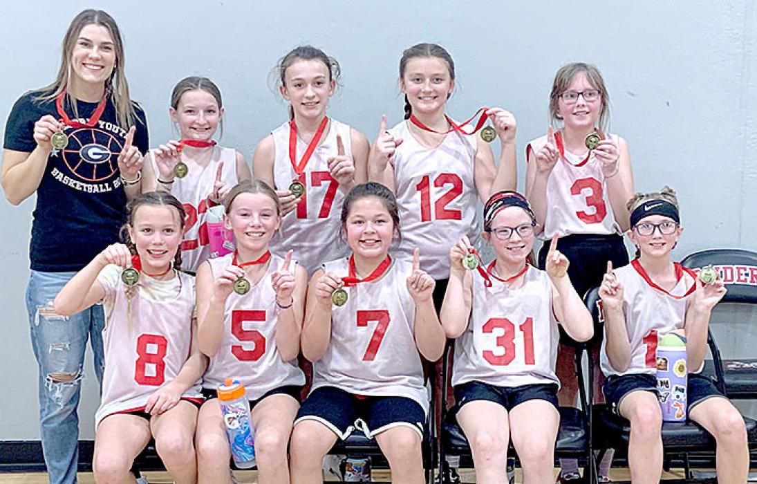 The Gregory fourth grade basketball girls claimed a first place finish at the Lyman Basketball Tournament held in Presho on Sunday, January 21, 2024. In the fourth grade division, they won over Winner to advance to the championship round, and defeated Pierre in the championship. Players were, back row, l to r: Coach Lauren Braun, Quinley Steffen, Avaya Vomacka, Addyson DuFrane, and Hannah Hull. Front row, l to r: Sutton Braun, Averie Stukel, Kareen O’Connor, Lydia Wonnenberg, and Mayme Reber.