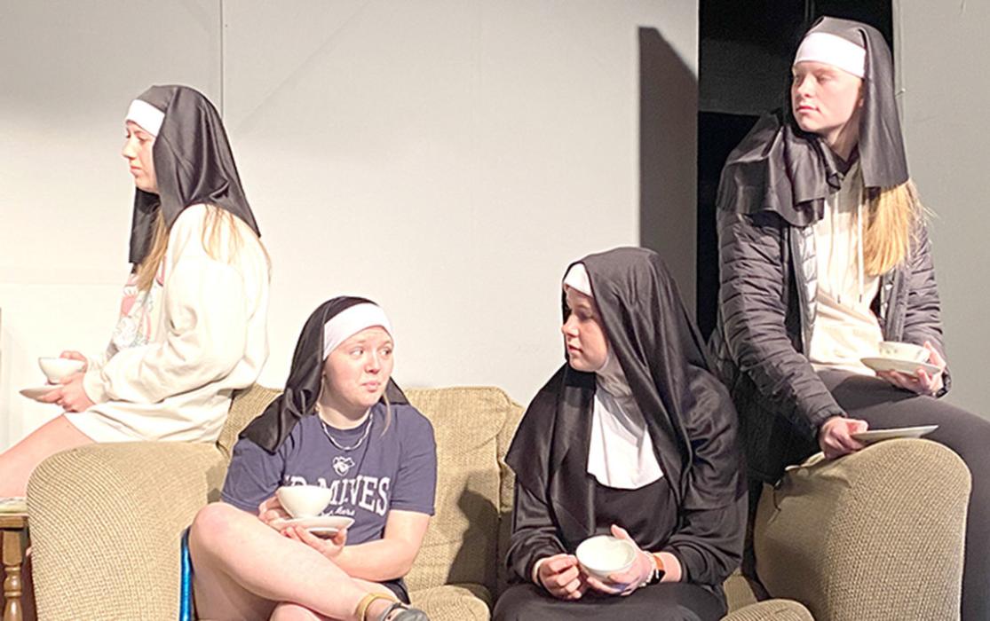 Ella Sperl, Madisan Graber, Dani Timanus, and Mya Determan (l to r) are four nuns, all named Mary, who are at risk of being murdered by “the Mary Murderer” in the high school’s production of Murder Can Be Habit Forming Friday and Saturday, April 21 and 22, at Dixon Town Hall Theatre.