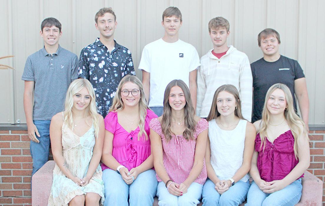 Homecoming candidates, back row, l to r; Ben Stevicks, Isaac Hull, Brock Wahl, Tyler Kenzy, and Max Bearshield. Front row, l to r; Destiny Sengelmann, Allison Walker, Regan Graesser, Adelyn Veskrna, and Kaelynn Rezac.