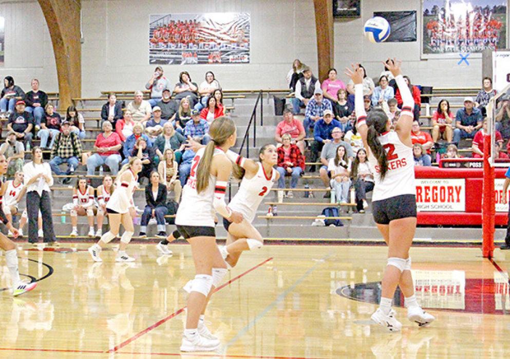 Ella Sperl sets the ball for Dani VanDerWerff in Thursday’s matchup against Platte-Geddes. (Photo by Kristy Ring)