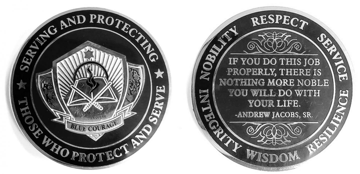 The card Catts received with his Blue Courage coin states: “Blue Courage is a way of being, a philosophy that inspires one to embody the noblest of character and unquestioned devotion. It is to flourish in all aspects of life, to act with practical wisdom, to exude vitality, and to hearten human conditions.”