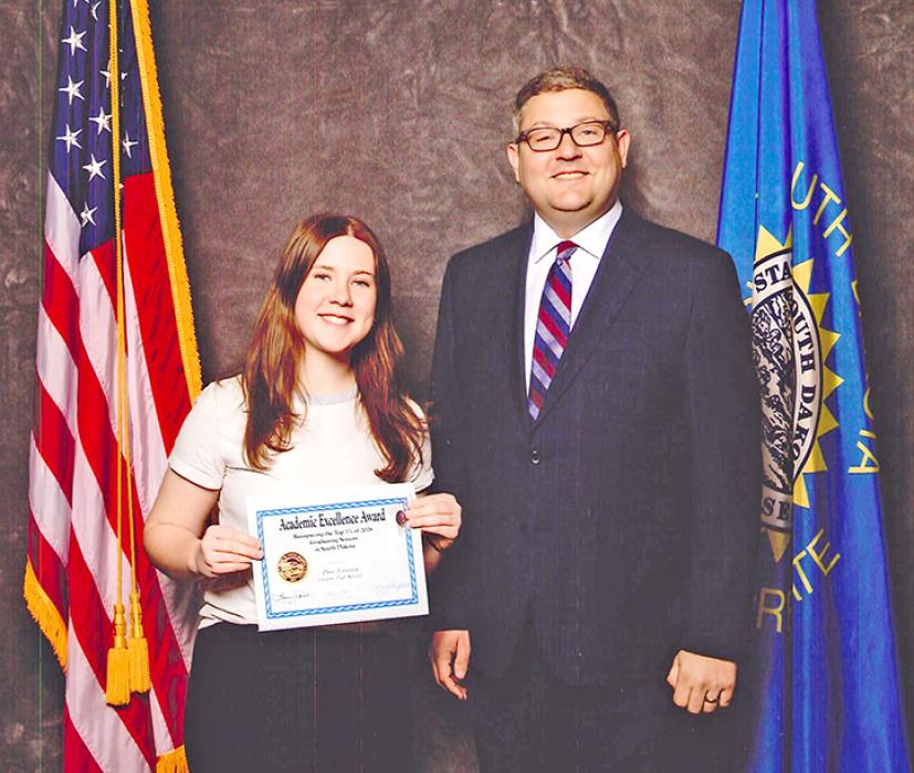 Gregory High School senior Danielle Timanus was recently recognized as one of the Class of 2026’s top 1 percent of graduating seniors. She is shown here with South Dakota Lieutenant Governor Tony Venhuizen.