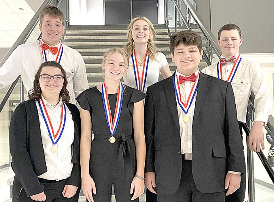 The readers theater group gave their best performance of the year at the Oral Interpretation State Festival, securing a superior rating. Back row, l to r: Jaden Graber, Ashtyn Waldner, and Cruz Klundt. Front row, l to r: Ravyn Oliver, Kaydence Klein, and Eli Barreto.