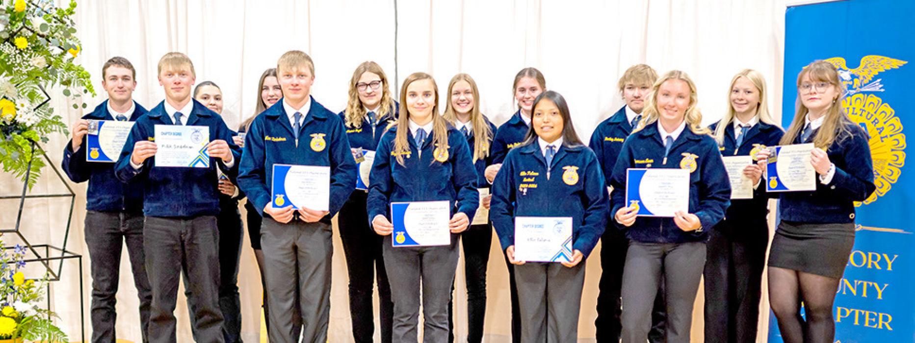 Members who received their chapter degree were back row, l to r: Maddox Mayer, Tamara Imhof, Ellyse Grage, Claire Engel, Abby Engel, Emily Diekmann, Bentley Dehning, Miley Janak, and Charissa Ring; front row, l to r: Mitch Zimbelman, Mac Zimbelman, Taylor Zeisler, Ellie Talsma, and Emerson Swan.