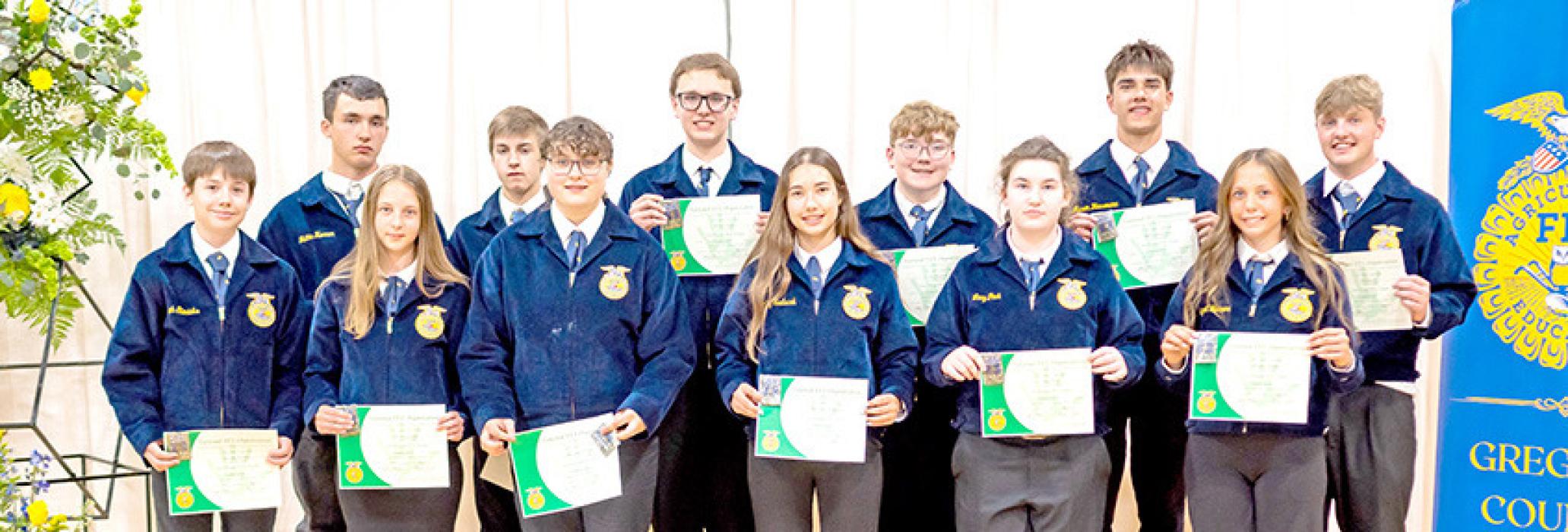 Members who received their Greenhand Degrees were back row, to r: Jack Schulte, Max Steffen, Rance Miller, Ike Mosterd, Masen Hausmann, and Bo Brozik; front row, l to r: Joseph Stevicks, Grace Steffen, Savannah O’Bryan, Kennley Sedlacek, Lacy Peck, and Abigail Holmes. the Greenhand FFA Degree is one of the first official honors a student can earn in FFA. It is designed for first-year high school students and marks their foundational step toward advanced ag education.