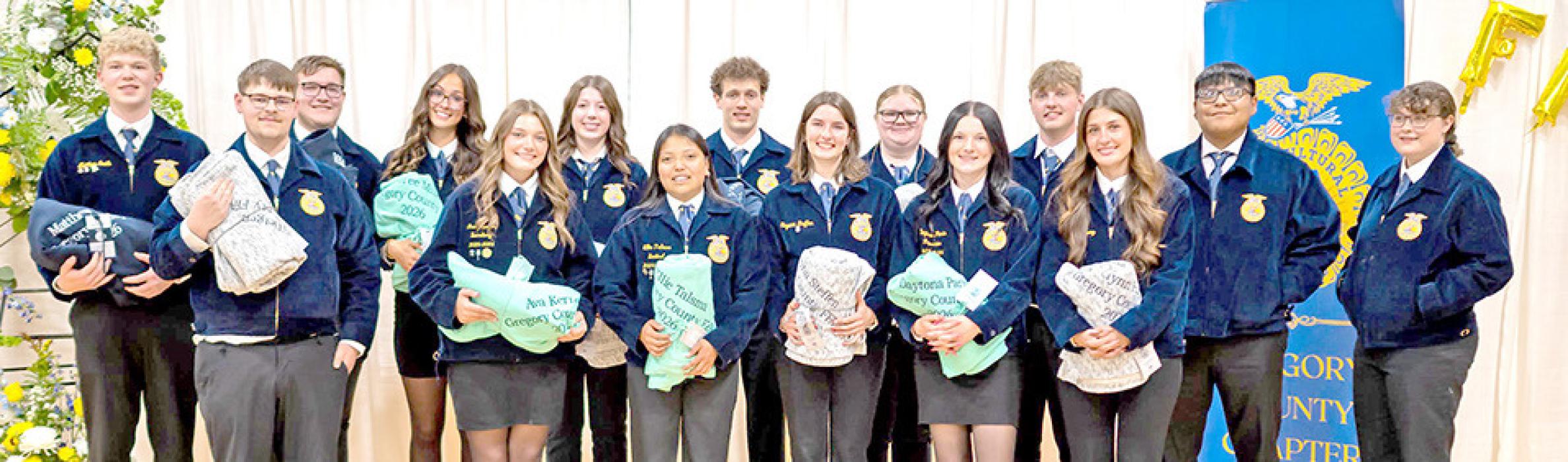 Seniors received gifts from the chapter. Some got keychains, and members who were involved for four years received blankets embroidered with their name, year, and Gregory County FFA on them.