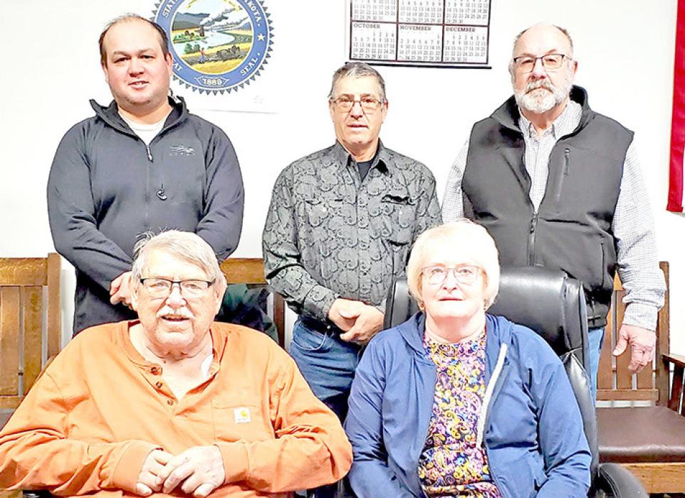 The 2025 Board of County Commissioners is shown above, back row, l to r: Board Chair Jessy Biggins, Byrain Boes, Co-Chair Doug Janousek; front row, l to r: Jeff Johnson and Peggy Glover.