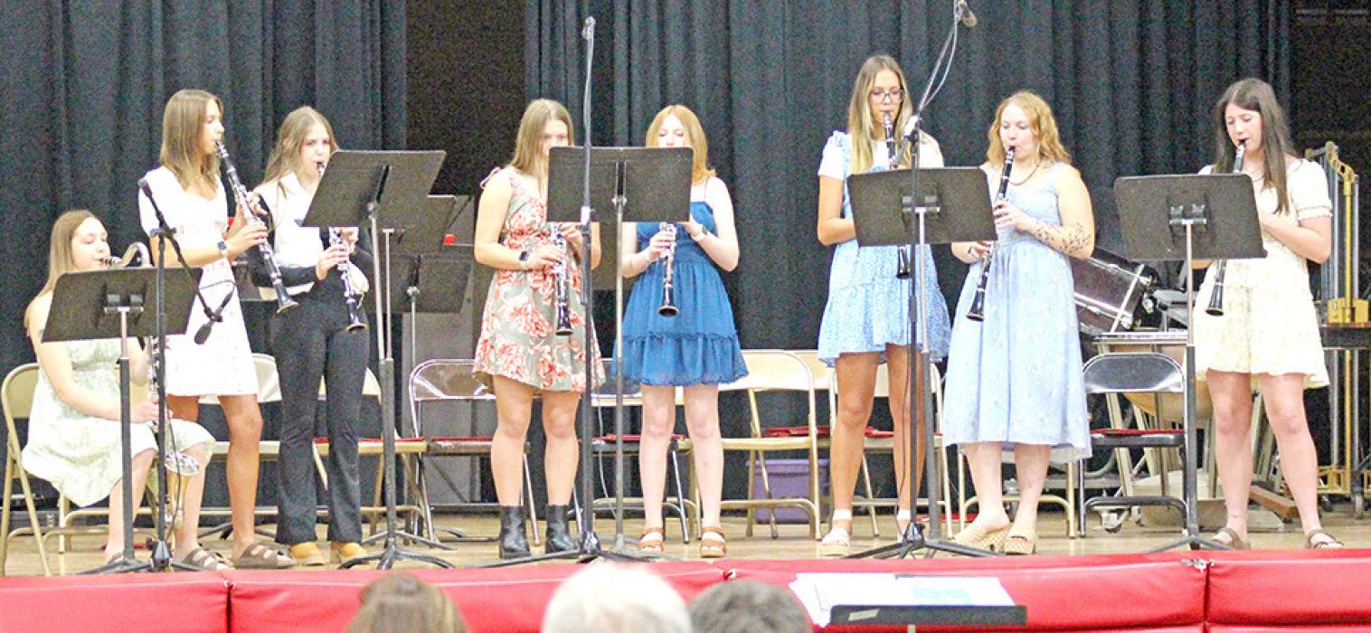 The clarinet choir consisting of l to r: Kaelynn Rezac, Addy Stukel, Vanessa Fischer, Emily Grim, Mia Haines, Aubree Miller, Lily Jacobsen, and Ella Sperl, played Don’t Get Around Much Anymore.