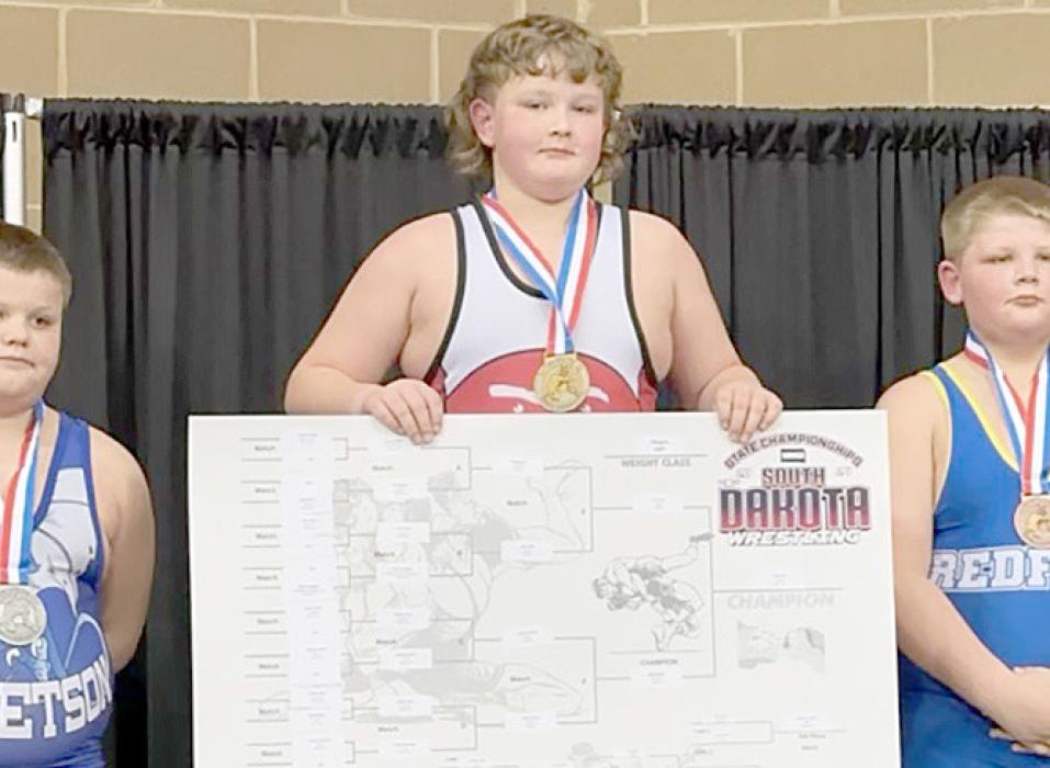 Liam Lane brought home a first place finish at state, pinning all of his opponents in the Midget HWT division.